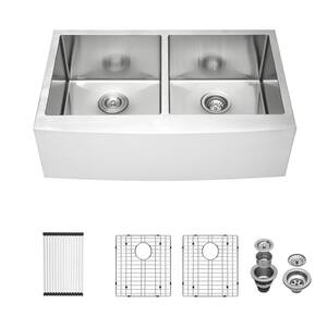 Double Kitchen Sink 36 in.x 21 in.16-Gague Stainless Steel Farmhouse Sink with Bottom Grid