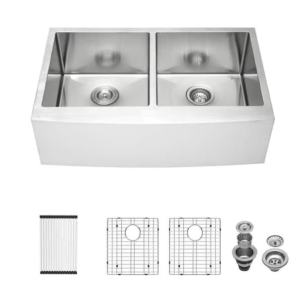 LORDEAR Double Kitchen Sink 33 in.x 20 in.16-Gague Stainless Steel Farmhouse Sink with Bottom Grid