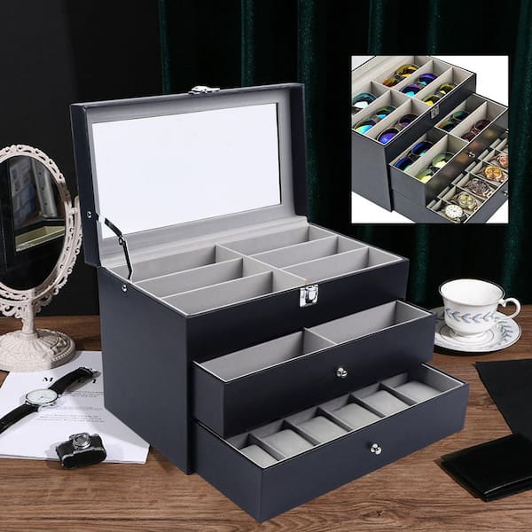 YIYIBYUS Black Leather 12-Watch and 12-Eyeglasses Organizer Display Box  With Metal Buckle OT-ZJGJ-4680 - The Home Depot