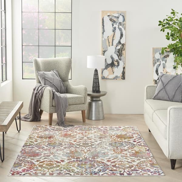 Global Color White/Multi 5 ft. x 8 ft.  Contemporary Medallion Area Rug