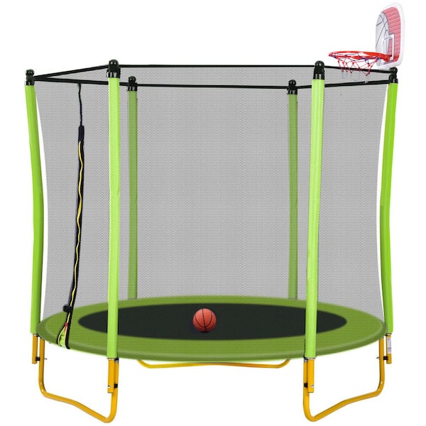 Sudzendf 5.5 ft. Green Outdoor and Indoor Mini Toddler Trampoline with Enclosure, Basketball Hoop and Ball