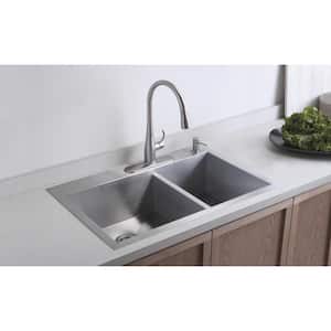 Vault Dual Mount Stainless Steel 33 in. 4-Hole Offset Double Bowl Kitchen Sink Kit with Basin Rack