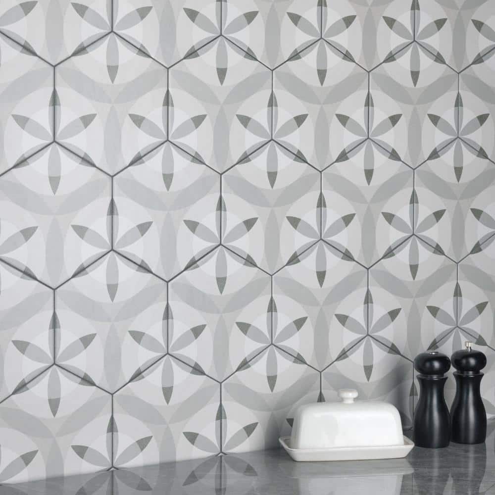 Hexatile 7"x 8" Gray Porcelain Patterned Wall & Floor Tile