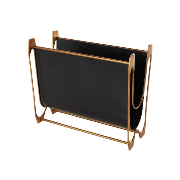 Litton Lane 15 in. x 13 in. Black Curved Standing Metal Magazine Rack with Brass Stand