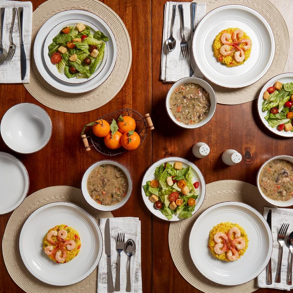 White Ceramic Farmhouse Dinnerware Set, Service for 4