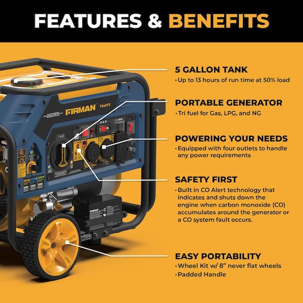4000-Watt/5000-Watt, Tri Fuel, 223cc Electric Start, 120-Volt/240-Volt Generator with Wheel Kit and Cover, CO