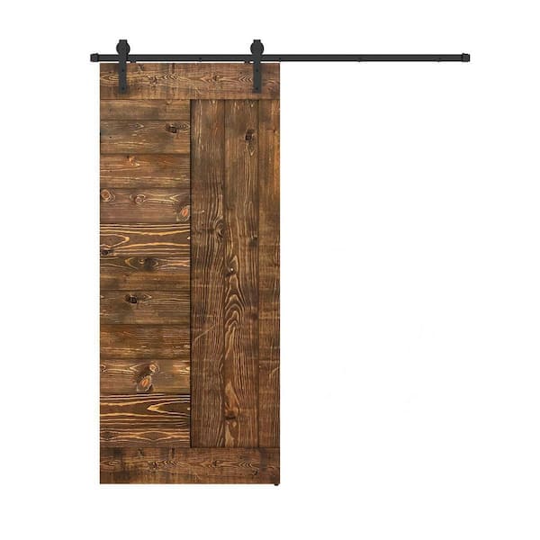 Dessliy Panel Series 30 in. x 84 in. Fully Set Up Dark Brown Finished Pine Wood Sliding Barn Door With Hardware Kit