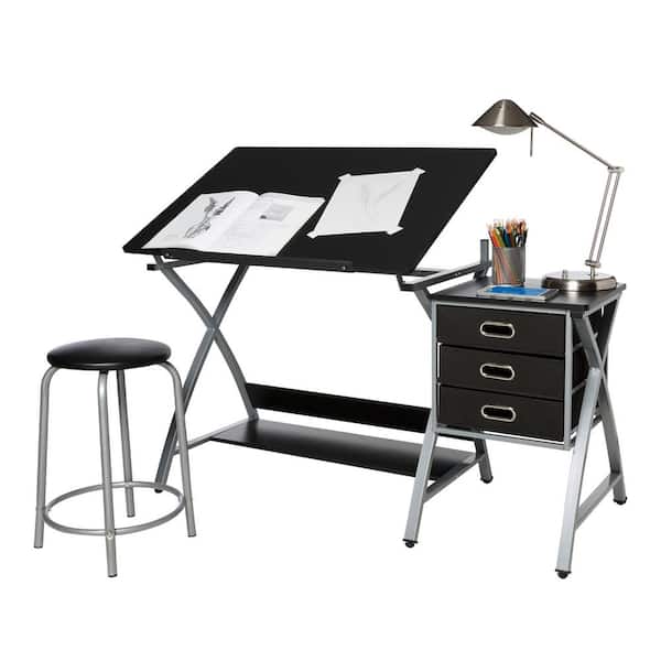 OneSpace 51 in. Rectangular Black/Silver 3 Drawer Writing Desk with ...