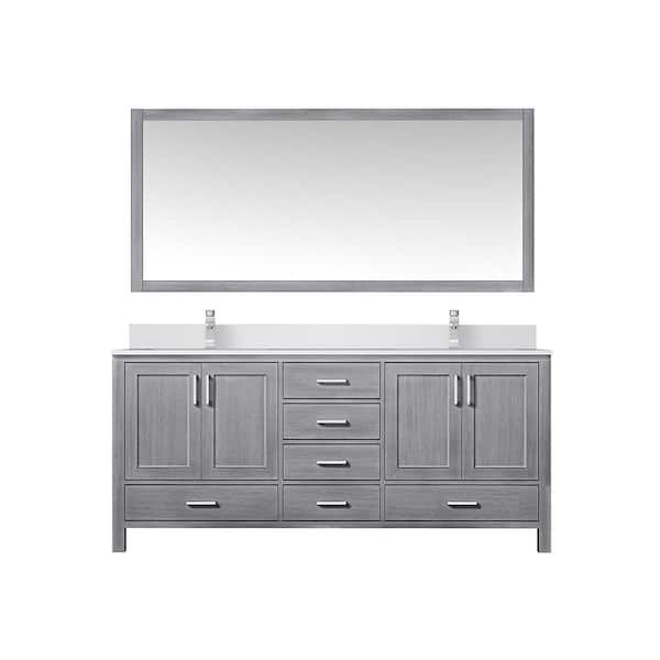 Jacques 72 in. W x 22 in. D Distressed Grey Double Bath Vanity, White Quartz Top, Faucet Set, and 70 in. Mirror