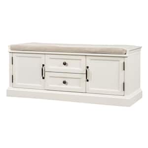 42.9 in. Storage Bench with 2-Drawers and 2-Cabinets, Shoe Bench with Removable Cushion - White