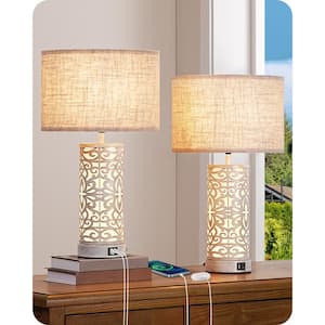 21.6 in. White Vintage Table Lamp Set with Dimmable Touch Control Night Light, USB Ports and Beige Shade (Set of 2)