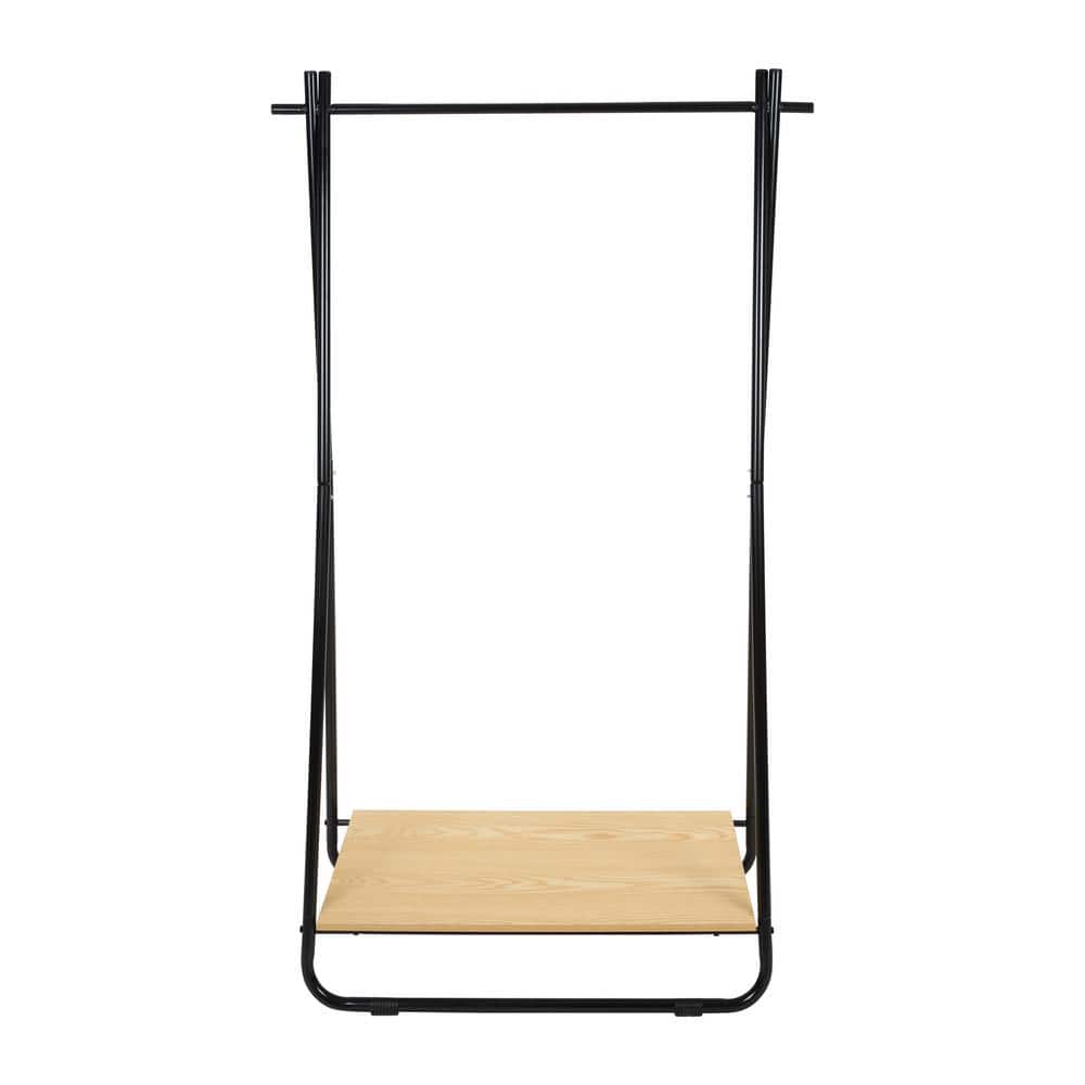 Black Metal Garment Rack with Light Brown Wooden Shelf