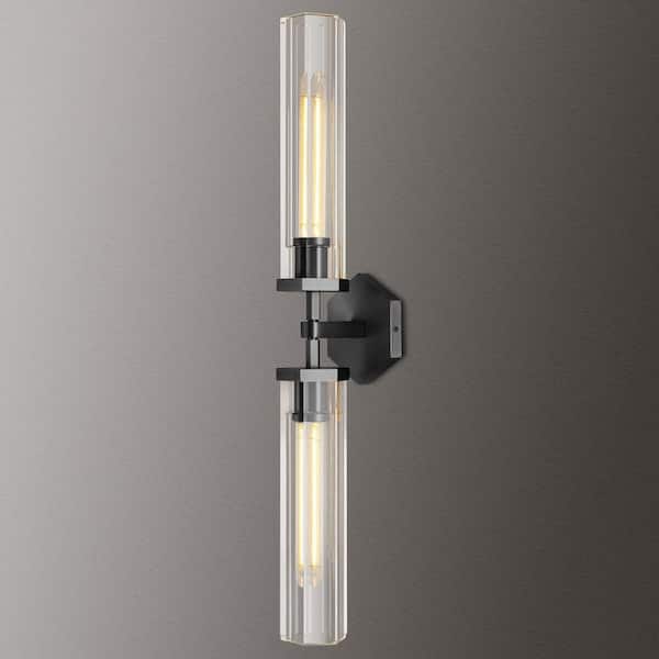 PUYRNF 28.5 in. 2-Light Black Crystal Bathroom Wall Sconce, Adjustable Linear LED Wall Light, for Living Room, Bedroom(1-Piece)