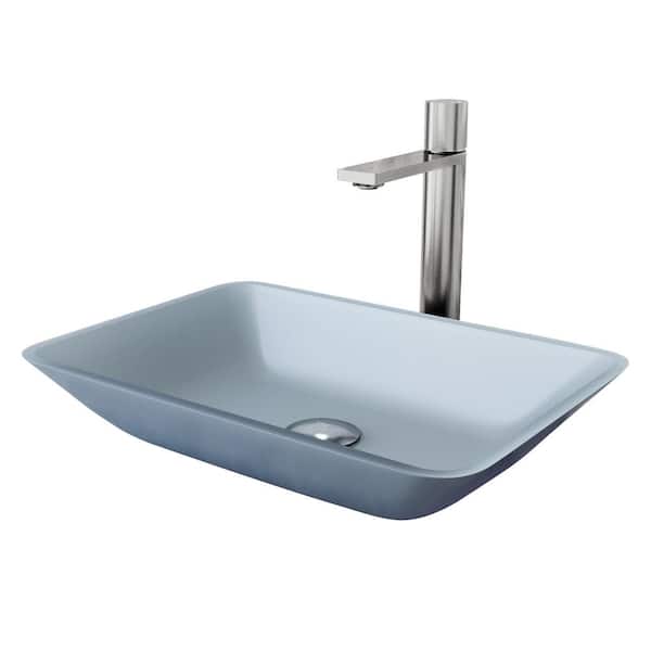 VIGO Matte Shell Sottile Glass Rectangular Vessel Bathroom Sink in Blue with Gotham Faucet and Pop-Up Drain in Brushed Nickel