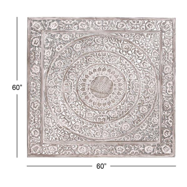 60 in. x 60 in. Grey Wood Handmade Intricately Carved Mandala Floral Wall Art