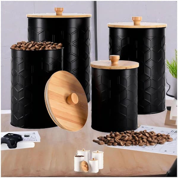 4-Pack Kitchen Iron Canisters with Airtight Lids, Flour and Sugar Containers for Counter, Black