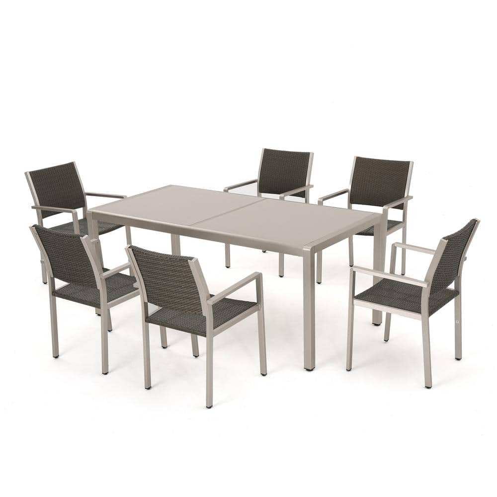 Noble House Cape Coral Gray 7-Piece Aluminum Rectangular Outdoor Dining Set -  12496
