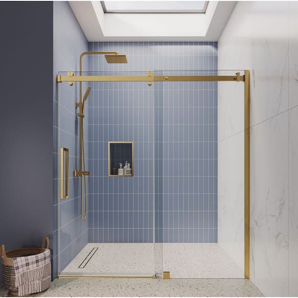SI Series 56"-60 in. W x75 in. H Contemporary Frameless Single Sliding Shower Doors 3/8" Tempered Glass in Satin Gold