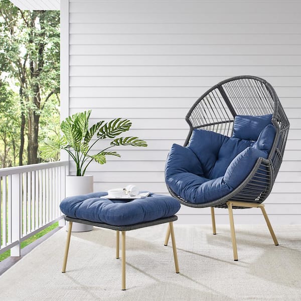 Patio Gray Wicker Egg Chair Outdoor Lounge Chair with Blue Cushions and Ottoman