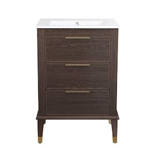 Hugo 24 in. Brown Oak Bathroom Vanity With White, 3-Hole Ceramic Sink Top