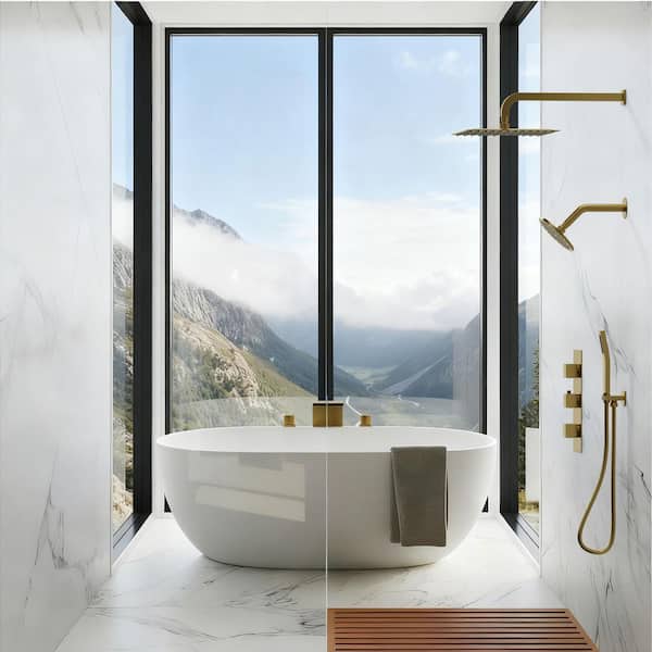3 Handle 5-Spray Shower Faucet 2.5 GPM with Shower Drain, High Pressure, Anti Scald, Thermostatic Valve in Brushed Gold