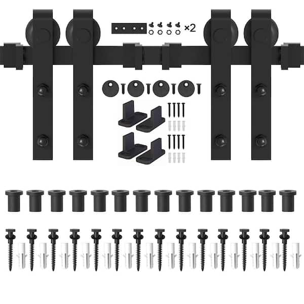 WINSOON 17 ft. /204 in. Frosted Black Sliding Barn Door Hardware Track Kit for Double Doors with Non-Routed Floor Guide