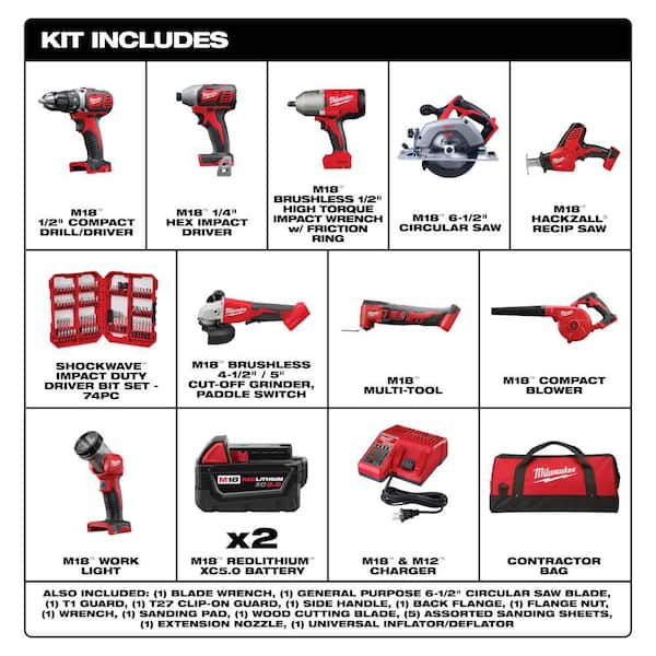 M18 18-Volt Lith-Ion Cordless Combo Kit (9-Tool) w/ (2) Batteries, Charger, Tool Bag, & Screw Driver Bit Set