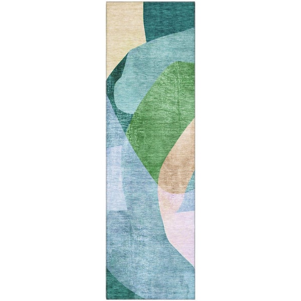 Mayfield Premium Machine Washable Abstract AMF2058 Green 2 ft. x 7 ft. Runner Rug