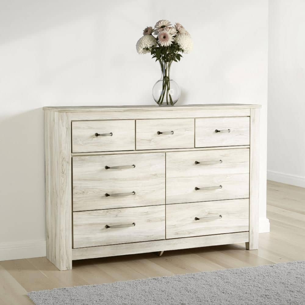 Simon Wide Dresser, 7 Drawers, Laminate Rustic Gray Whitewash Finish Simon Wide Dresser, 7 Drawers, Laminate Rustic Gray Whitewash Finish