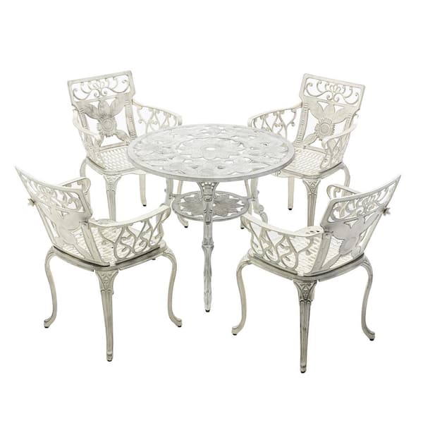 Mondawe Metal Outdoor Patio Dining Set with Floral Pattern Round Table, Chairs, Umbrella Hole for Garden (5-Piece)