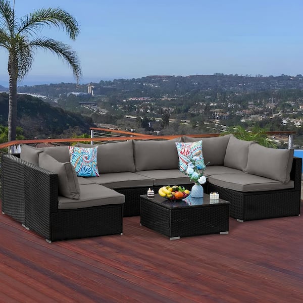 Modern & Comfortable 7-Piece Metal Wicker Outdoor Sectional Set with Black Gray Cushions