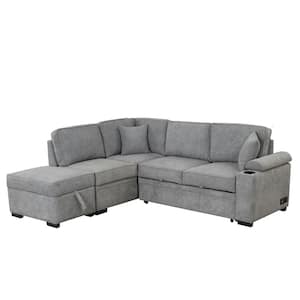87.40 in. Straight Arm Velvet L-Shaped Sofa in Gray with Storage Ottoman, Sofa Bed