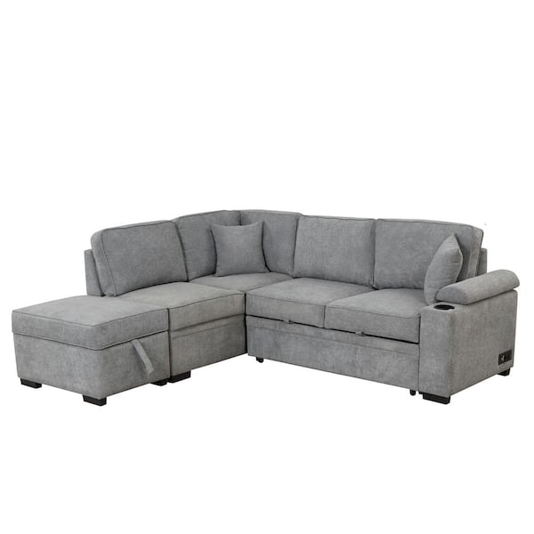 Polibi 87.40 in. Straight Arm Velvet L-Shaped Sofa in Gray with Storage Ottoman, Sofa Bed