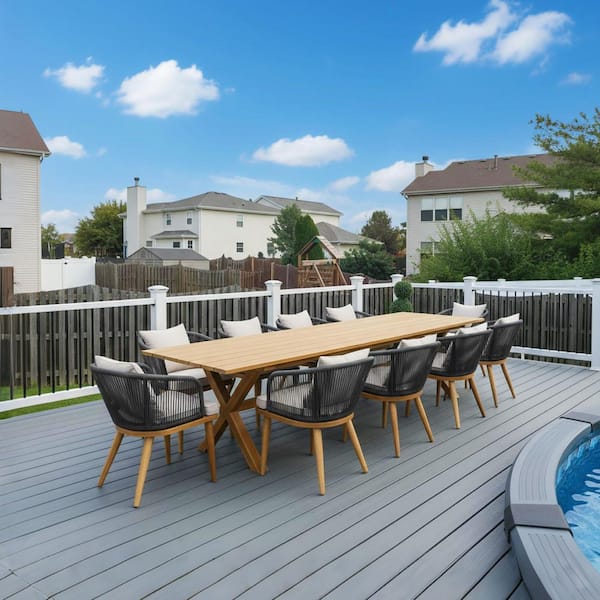 Teak-Finish 11-Piece Wicker Square Aluminum Frame Outdoor Dining Set and Pillows with Beige Cushions