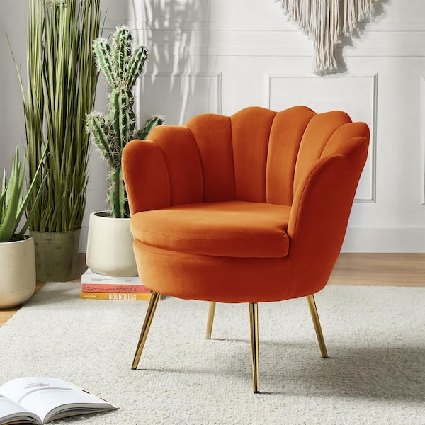 Fidelia Orange Velvet Barrel Chair with Golden Base (Set of 1)