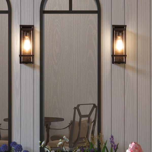 Montpelier 11.69 in. H Black Hardwired Outdoor Wall Lantern Sconce with Dusk to Dawn (Set of 2)