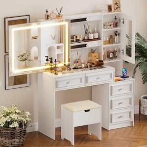 White Makeup Vanity Sets with LED Lighted Mirror and Power Outlet, 5-Drawers and Hidden Space, Charging Station