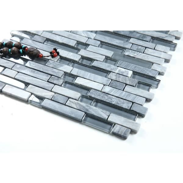 Natural Linear 12 in. X 12 in. Glossy Dark Gray Glass Mosaic Wall Tile(10 sq. ft./Case)