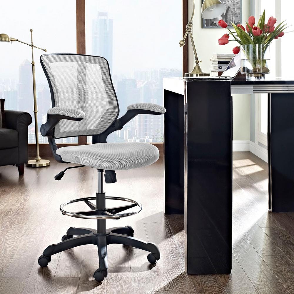 Gray Mesh Adjustable Swivel Drafting Stool with Flip-Up Arms