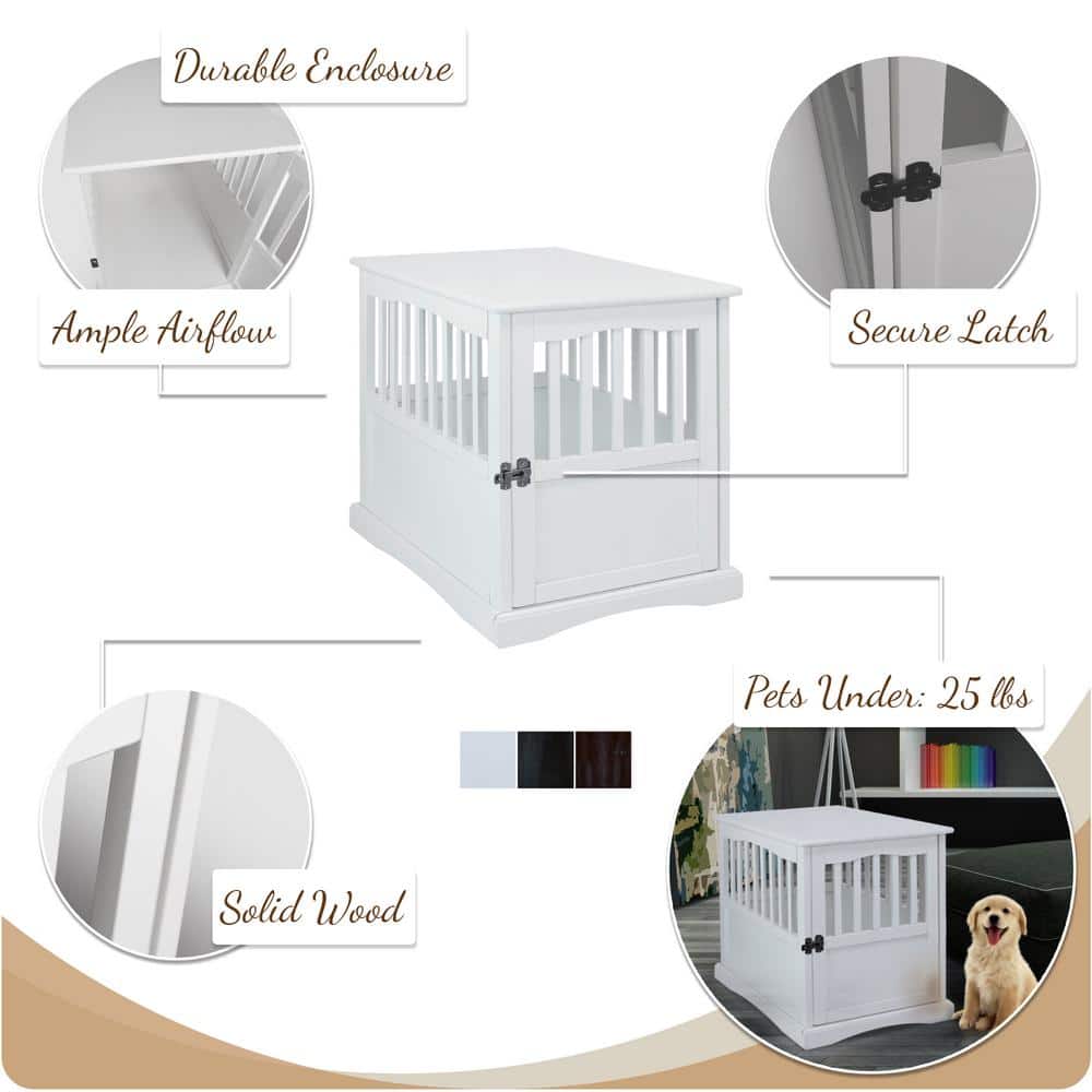 White Solid Wood Pet Crate End Table with Lockable Gate