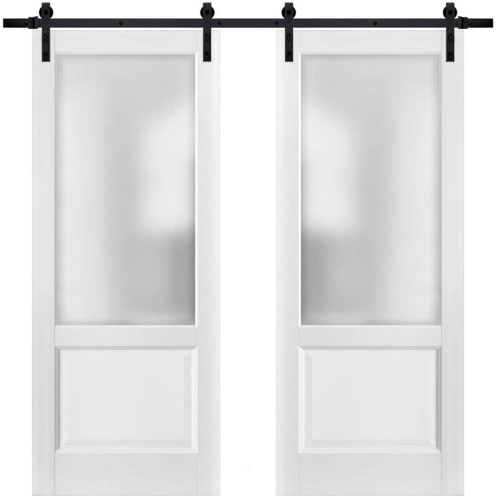 Assemble Required 32 in. x 80 in. 2-Panel Frosted Glass White Solid Wood Sliding Barn Door with Hardware Kit price history on PriceWatchPro