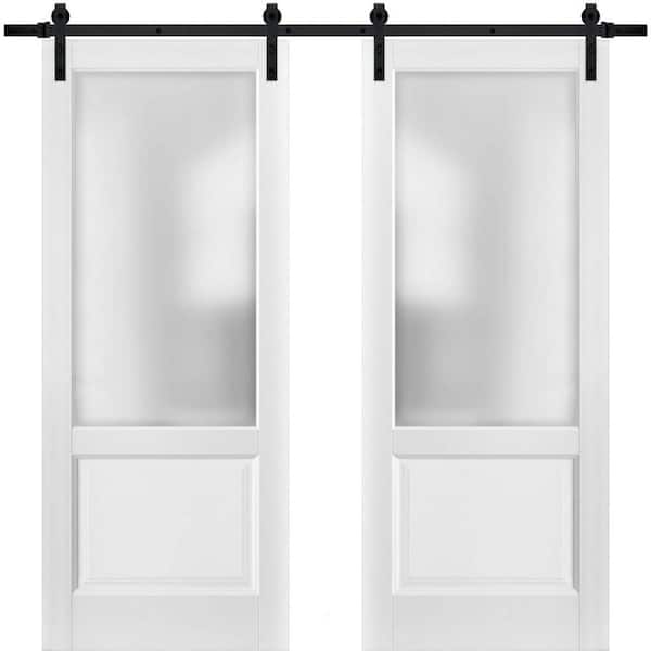 32 in. x 84 in. 2 Panel Frosted Glass White Solid Wood Sliding Barn Door with Hardware Kit