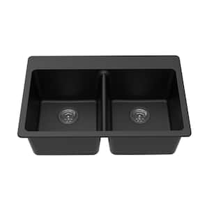 Dual Mount Granite Composite 33 in. L x 22 in. L x 9.5 in. 0-5 Faucet Holes Double Equal Bowl Kitchen Sink in Black