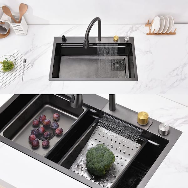 29.5 in. Black Stainless Steel Waterfall Workstation Kitchen Sink with Pull-Down Faucet and Cutting Board