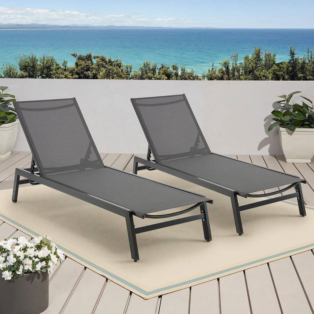 Set of 2 Metal Outdoor Chaise Lounge Chairs, Aluminum Reclining Chairs with Wheels, Gray Cushions and Mesh Seat price history on PriceWatchPro