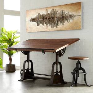 30 in. Rectangle Brown Teak Wood Drafting Style Computer Desk with Tilting Top and Crank Height Adjustment