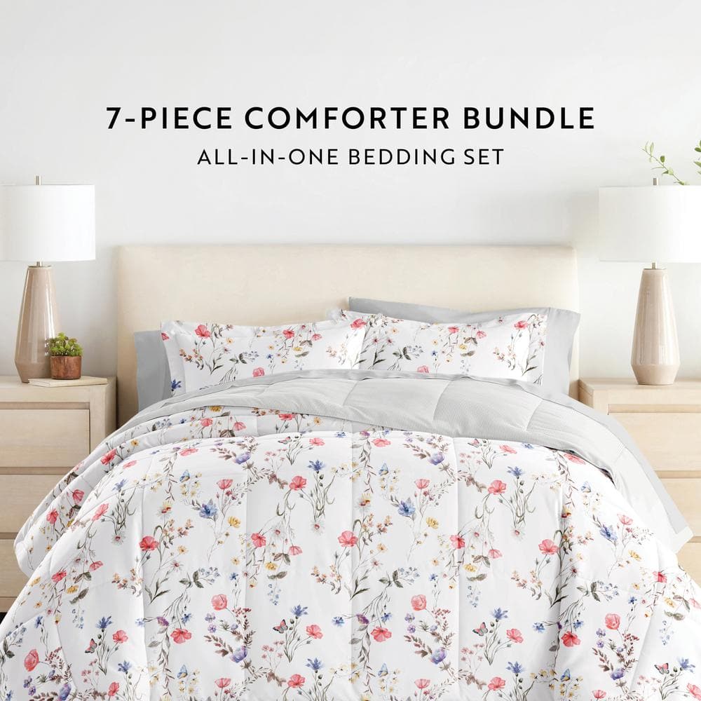 Queen Pink Floral Microfiber Reversible Comforter Set