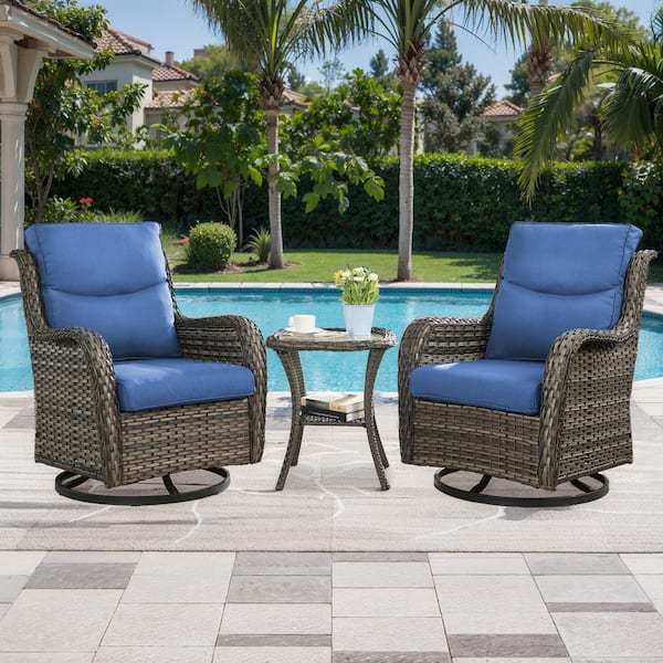 moosprr Crescent 3-Piece Gray Wicker Outdoor Bistro Sets with Blue Olefin Cushions and Matching End Table
