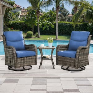 3-Piece Gray Swivel Glider Wicker Outdoor Rocking Chair with Blue Cushions and Side Table