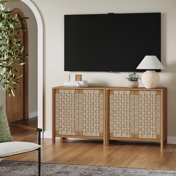Aerie Wood Light Brown 31 in. TV Stand Accent Cabinet, Storage Cabinet w/ Seagrass Doors and Solid Wood Legs, Set of 2